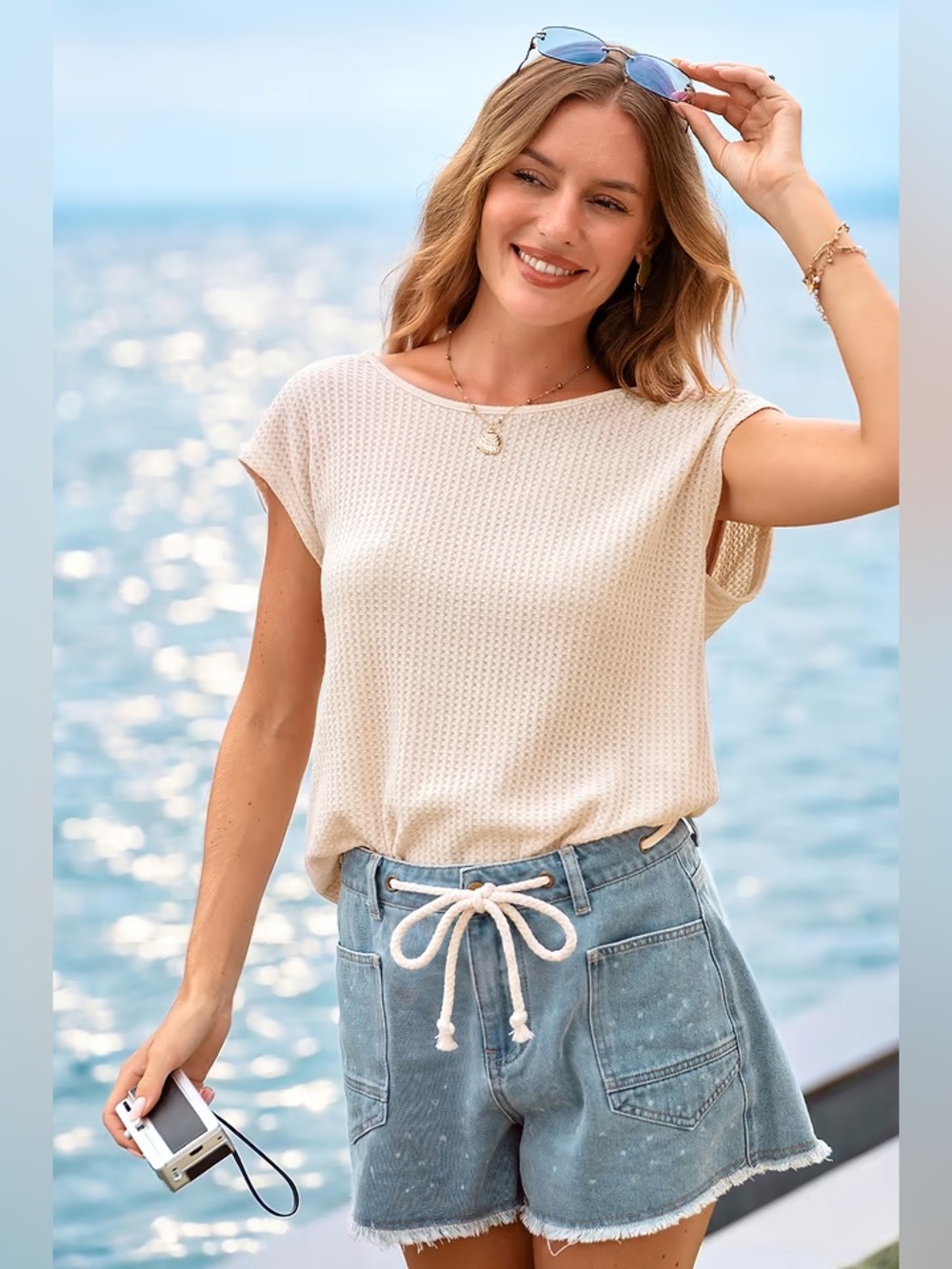 Cupshe Cream Short Sleeve Waffle Knit Tee